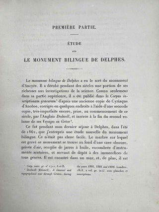 M&eacute;moires pr&eacute;sent&eacute;s par divers savants &agrave; l'Acad&eacute;mie des Inscriptions et Belles-Lettres de l'Institut Imp&eacute;rial de France. Premi&egrave;re s&eacute;rie: Sujets divers d'&eacute;rudition. Tome VIII, 1e partie. Etude sur le monument bilingue de Delphes. M&eacute;moire sur la date historique d'un renouvellement de la p&eacute;riode sothiaque, l'antiquit&eacute; et la constitution de cette p&eacute;riode. M&eacute;moire sur cette question: La pr&eacute;cession des &eacute;quinoxes a-t-elle &eacute;t&eacute; connue des Egyptiens ou de quelque autre peuple avant Hipparque? M&eacute;moire sur les rapports de l'Egypte et de l'Assyrie dans l'antiquit&eacute;, d'apr&egrave;s les textes cun&eacute;iformes.[newline]M9724-06.jpeg
