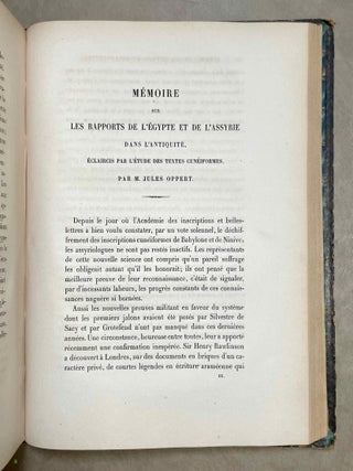 M&eacute;moires pr&eacute;sent&eacute;s par divers savants &agrave; l'Acad&eacute;mie des Inscriptions et Belles-Lettres de l'Institut Imp&eacute;rial de France. Premi&egrave;re s&eacute;rie: Sujets divers d'&eacute;rudition. Tome VIII, 1e partie. Etude sur le monument bilingue de Delphes. M&eacute;moire sur la date historique d'un renouvellement de la p&eacute;riode sothiaque, l'antiquit&eacute; et la constitution de cette p&eacute;riode. M&eacute;moire sur cette question: La pr&eacute;cession des &eacute;quinoxes a-t-elle &eacute;t&eacute; connue des Egyptiens ou de quelque autre peuple avant Hipparque? M&eacute;moire sur les rapports de l'Egypte et de l'Assyrie dans l'antiquit&eacute;, d'apr&egrave;s les textes cun&eacute;iformes.[newline]M9724-09.jpeg