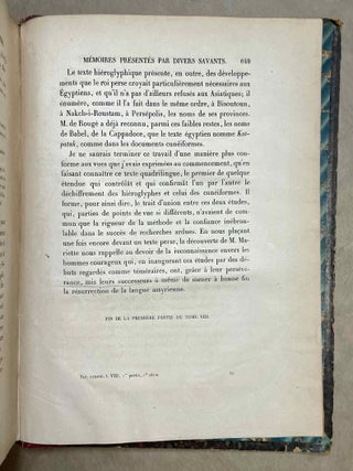 M&eacute;moires pr&eacute;sent&eacute;s par divers savants &agrave; l'Acad&eacute;mie des Inscriptions et Belles-Lettres de l'Institut Imp&eacute;rial de France. Premi&egrave;re s&eacute;rie: Sujets divers d'&eacute;rudition. Tome VIII, 1e partie. Etude sur le monument bilingue de Delphes. M&eacute;moire sur la date historique d'un renouvellement de la p&eacute;riode sothiaque, l'antiquit&eacute; et la constitution de cette p&eacute;riode. M&eacute;moire sur cette question: La pr&eacute;cession des &eacute;quinoxes a-t-elle &eacute;t&eacute; connue des Egyptiens ou de quelque autre peuple avant Hipparque? M&eacute;moire sur les rapports de l'Egypte et de l'Assyrie dans l'antiquit&eacute;, d'apr&egrave;s les textes cun&eacute;iformes.[newline]M9724-10.jpeg