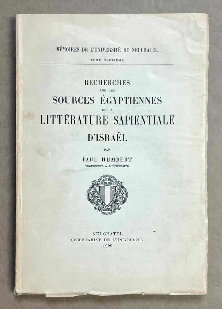 Item #M9734 Recherches sur les sources égyptiennes de la littérature sapientiale d'Israëli. HUMBERT Paul.[newline]M9734-00.jpeg