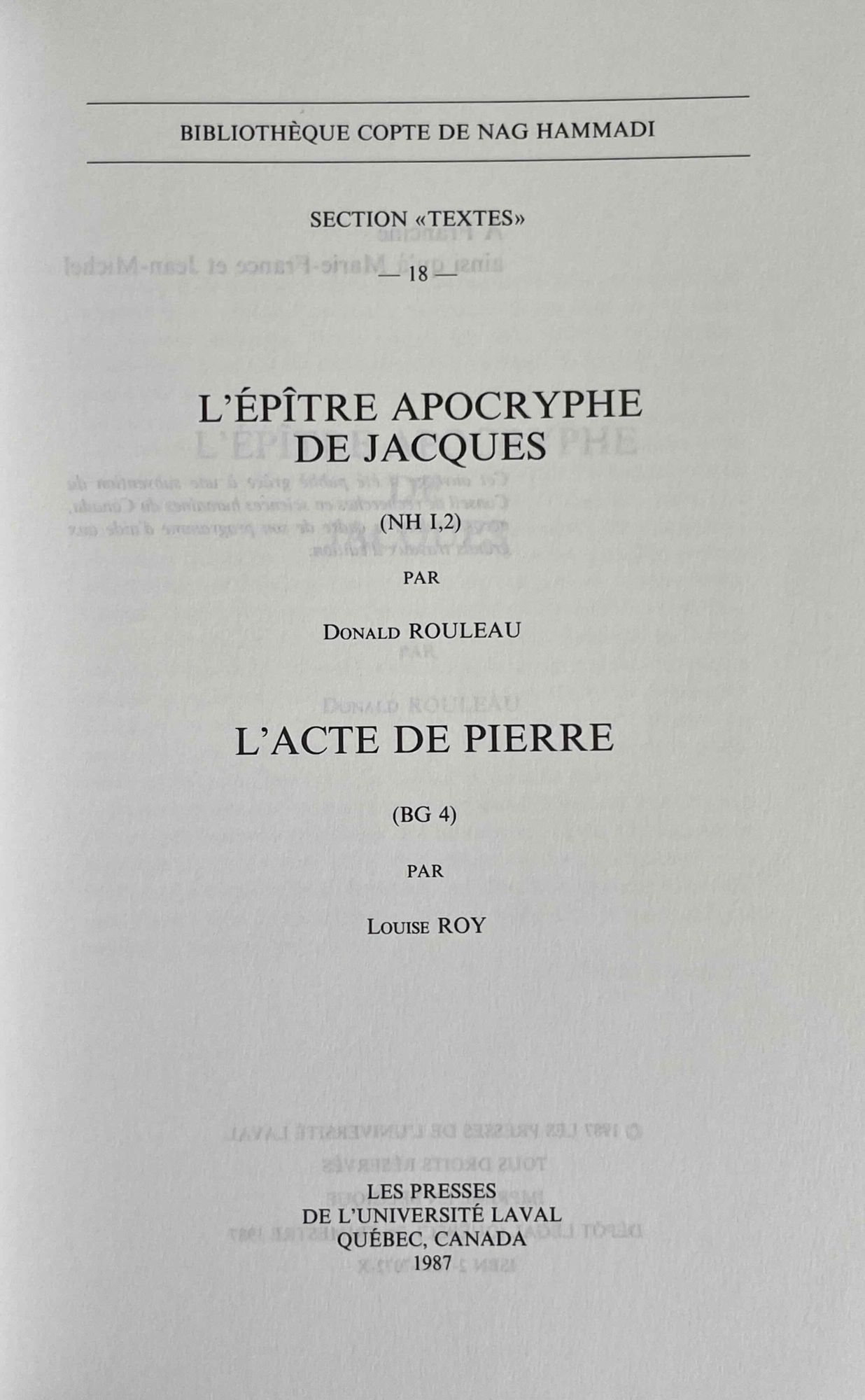 L'Epître apocryphe de Jacques NH I,1 | ROULEAU Donald - ROY Louise