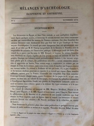 Mélanges d'Archéologie égyptienne et assyrienne - Tome I (fasc. 1 à 6, complete)